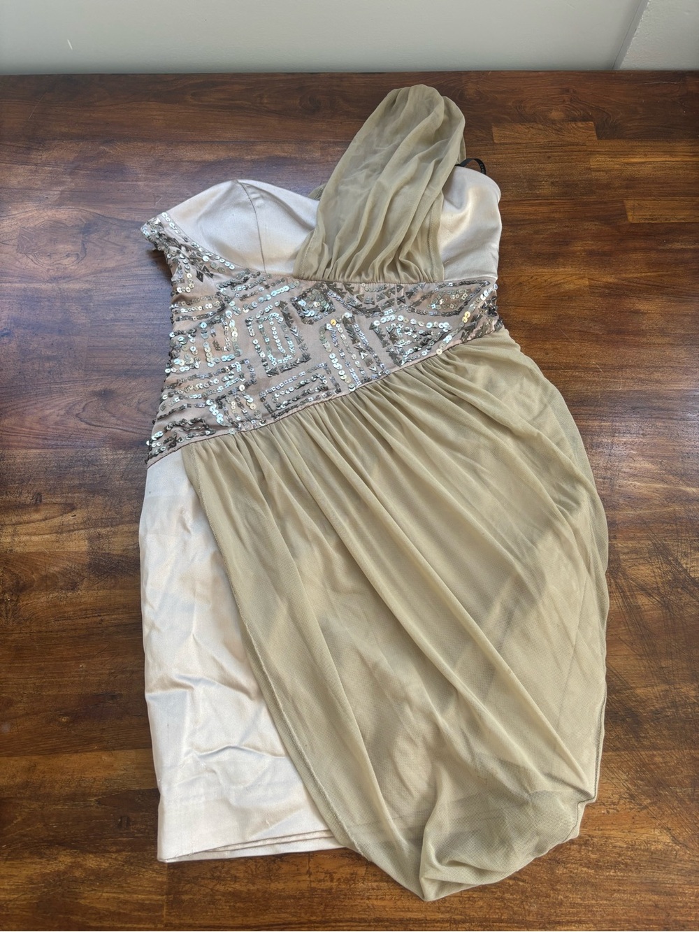 bebe One-Shoulder Champagne and Gold Sequin Dress